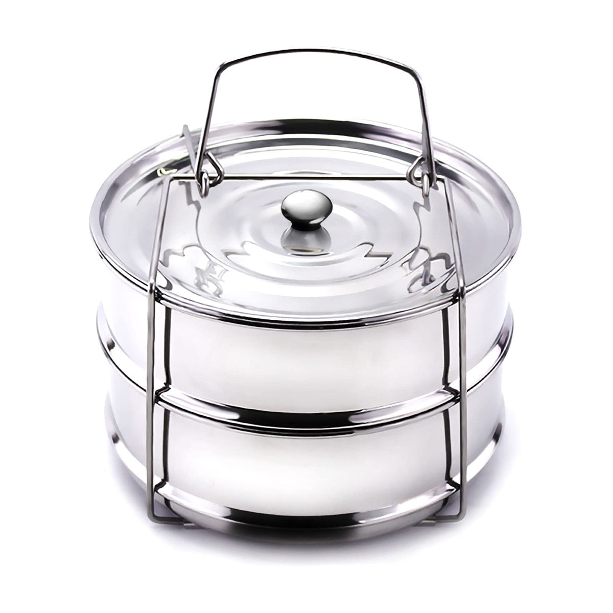 Stackable steamer insert pans for a 6 quart cooker with silicone handles