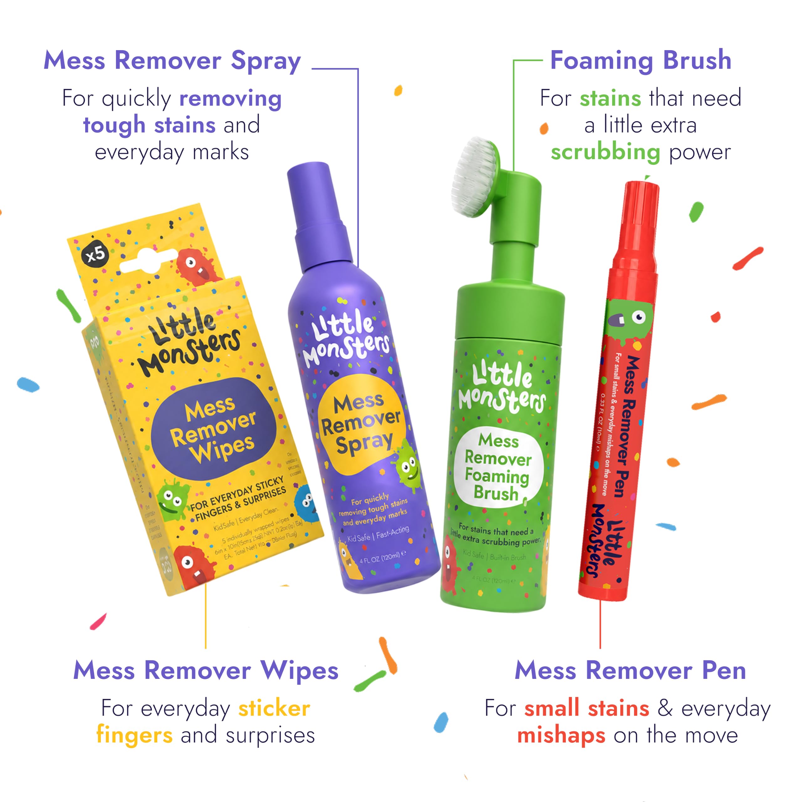 Little Monsters stain remover packaging with safe ingredients