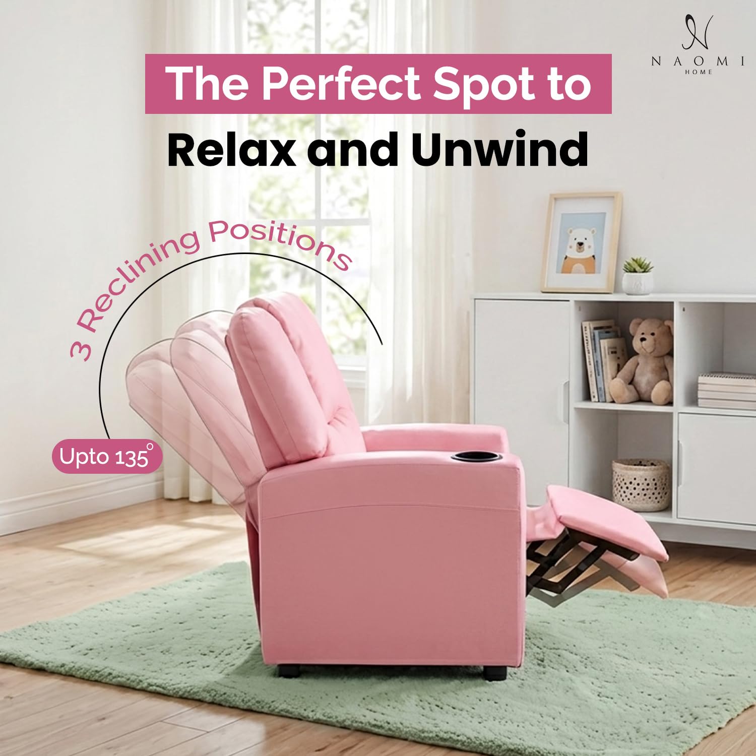Easy wipe-clean surface of pink PVC recliner