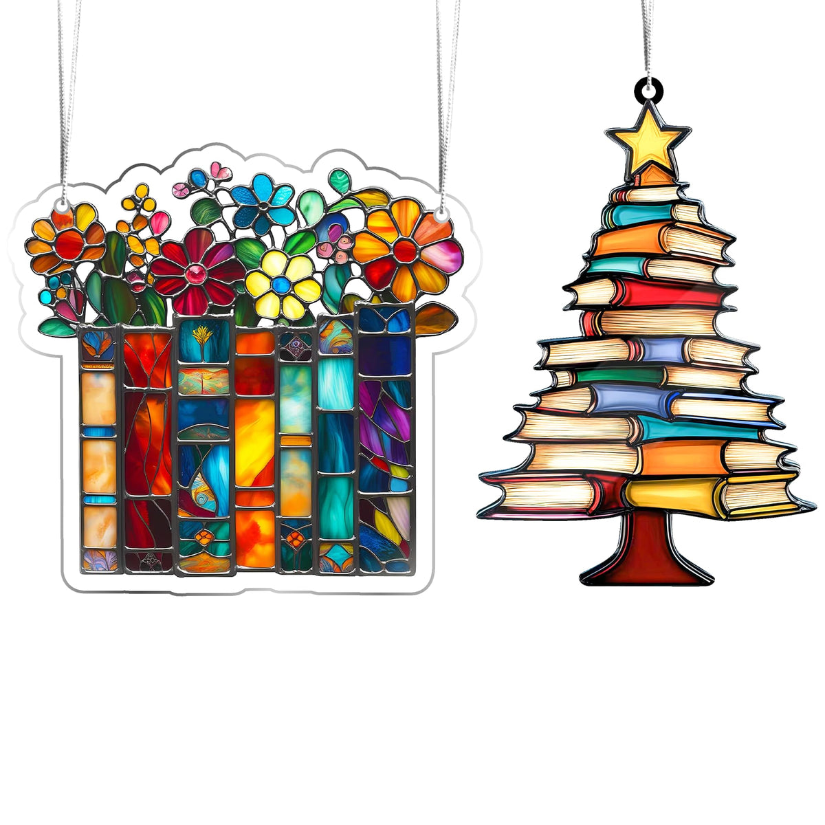 Moon Cat stained glass book ornament set 2