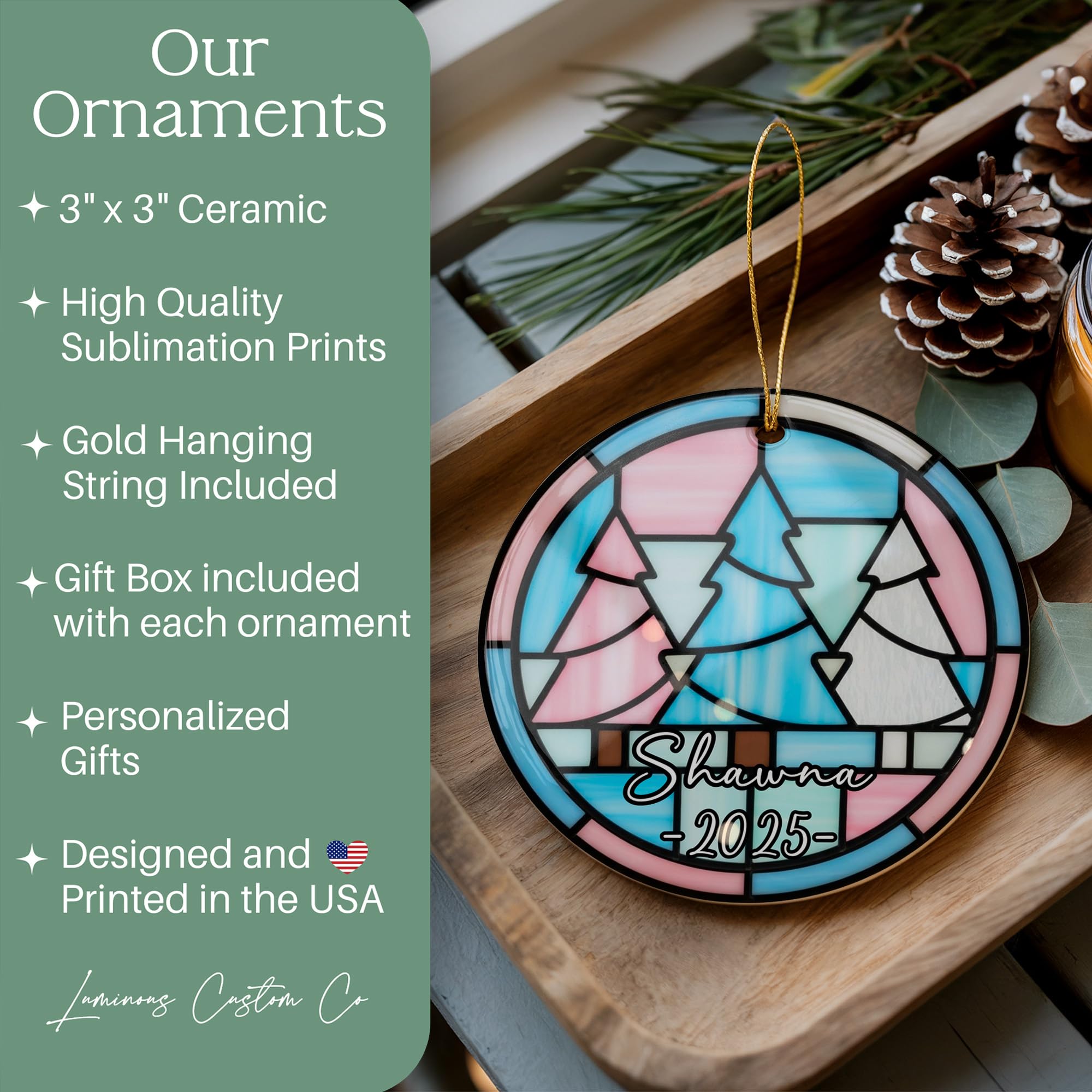 Stained glass style ceramic ornament close up 3 inch size