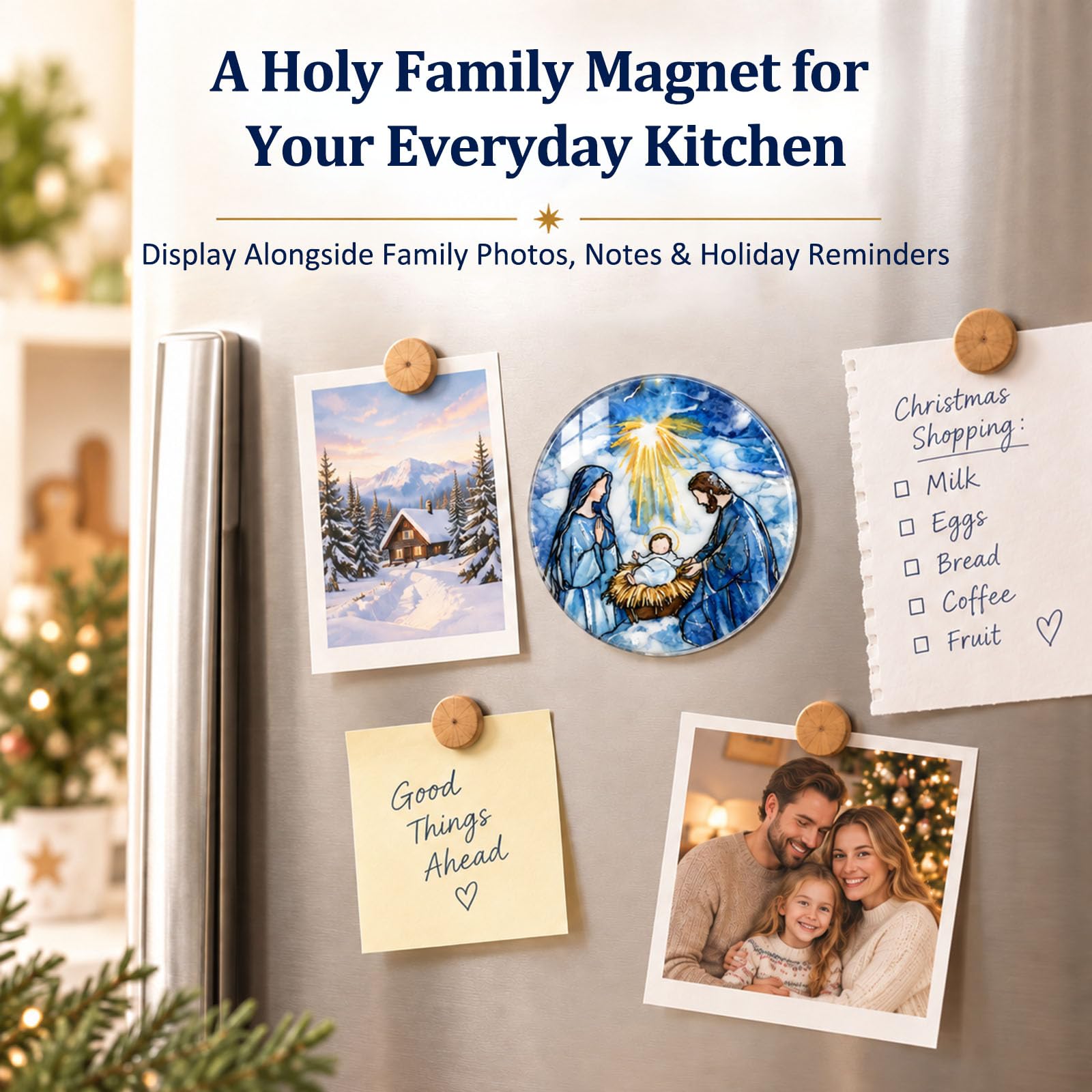 Stained-glass inspired blue white gold nativity magnet design