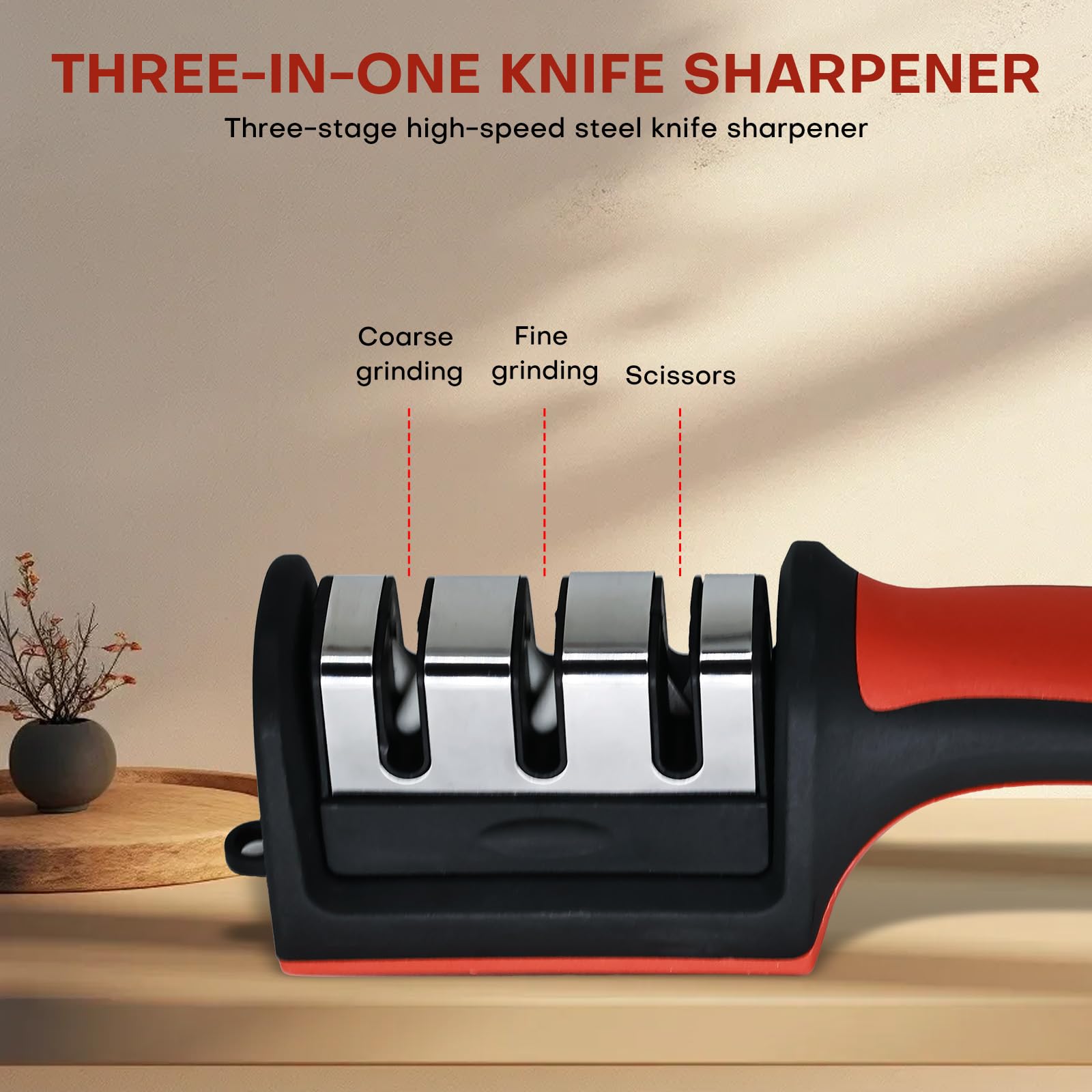 Coarse fine and ceramic sharpening slots for knives and scissors