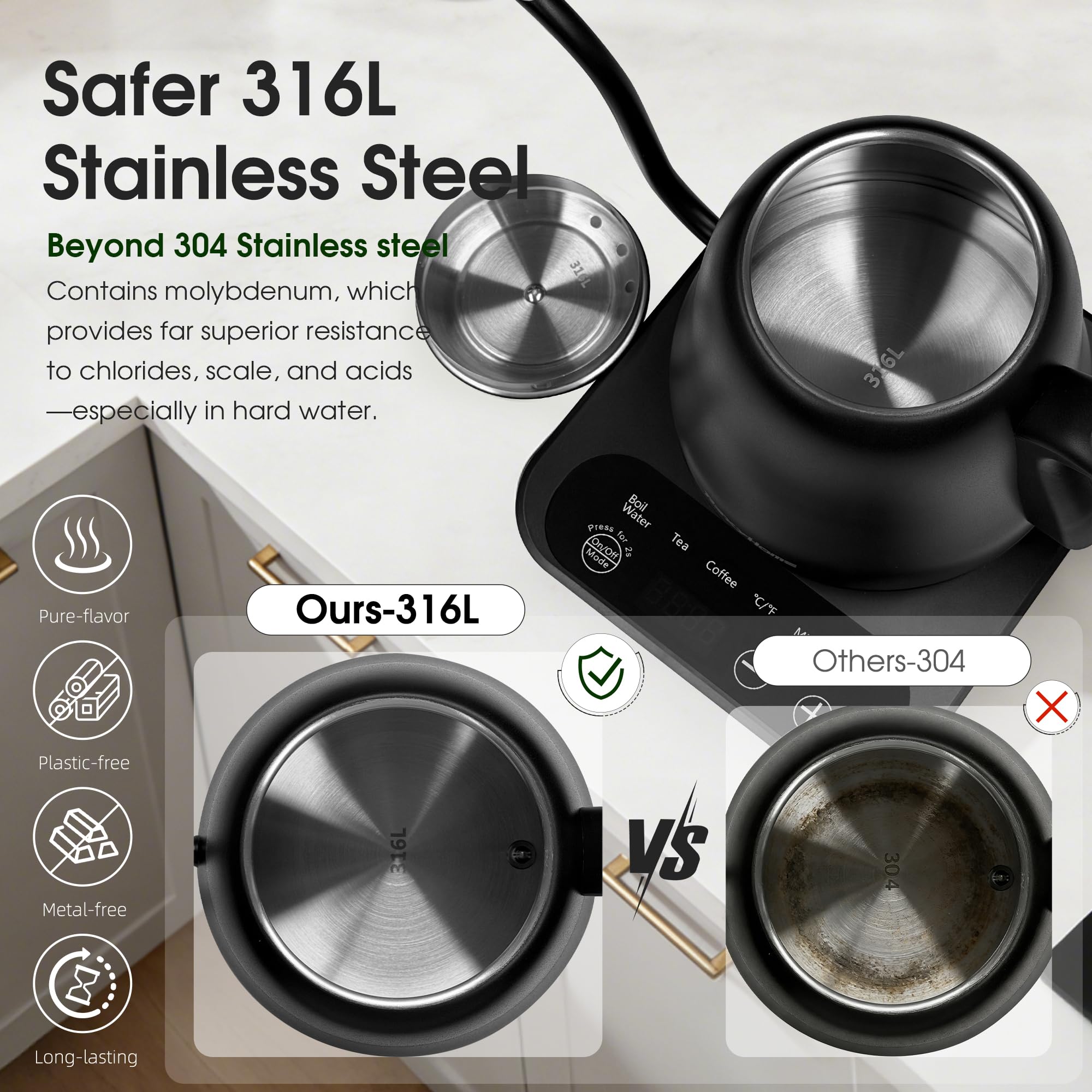 316L stainless steel gooseneck kettle close up