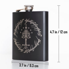 One Ring engraving on black hip flask