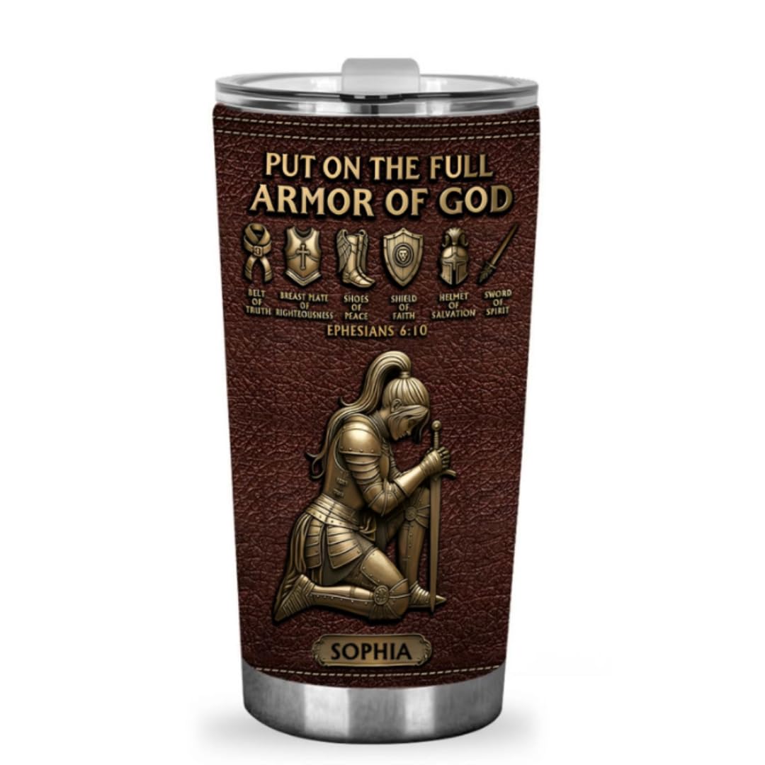 Custom nameplate personalization on armor of God tumbler for Christians