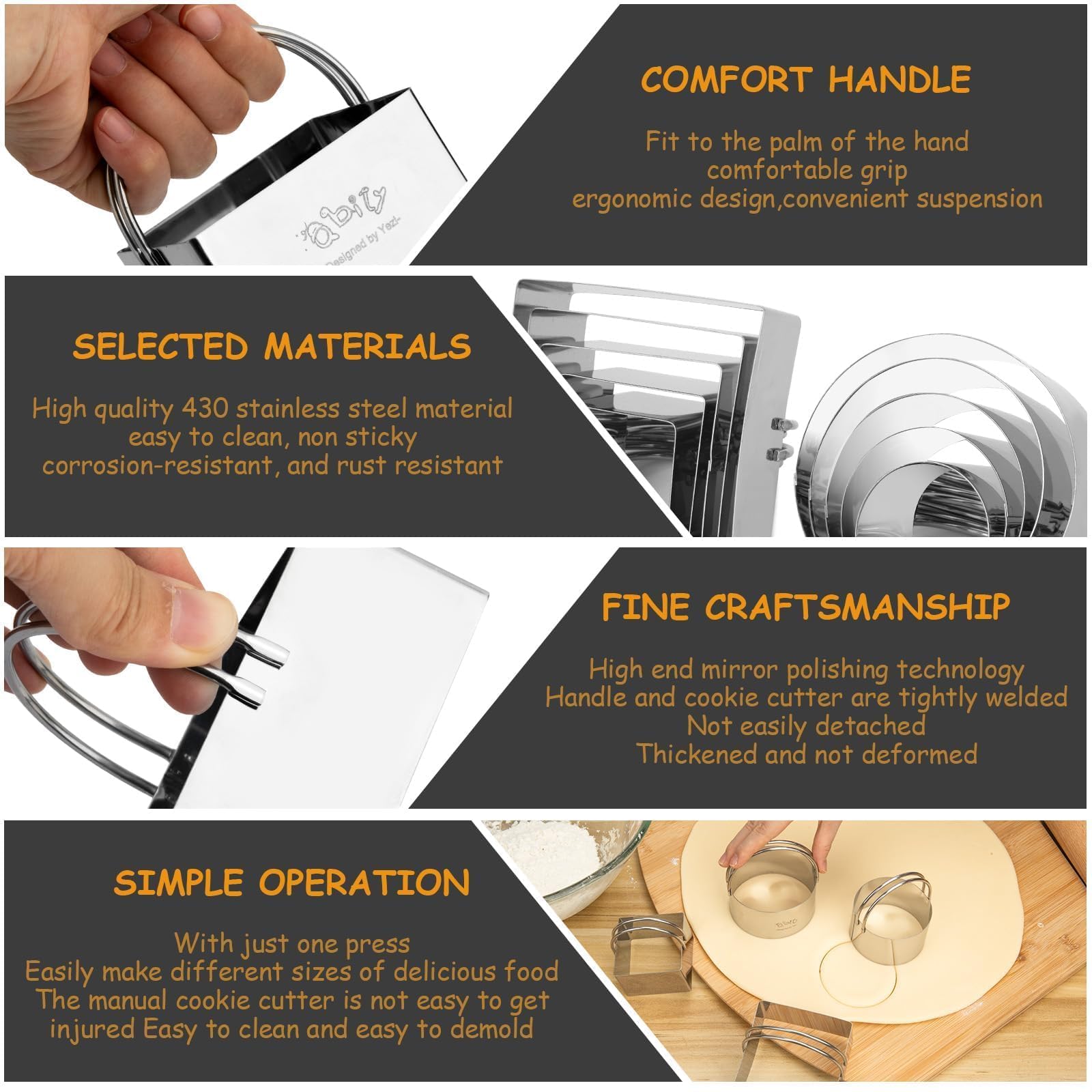 Food grade stainless steel cookie cutters for baking with handle