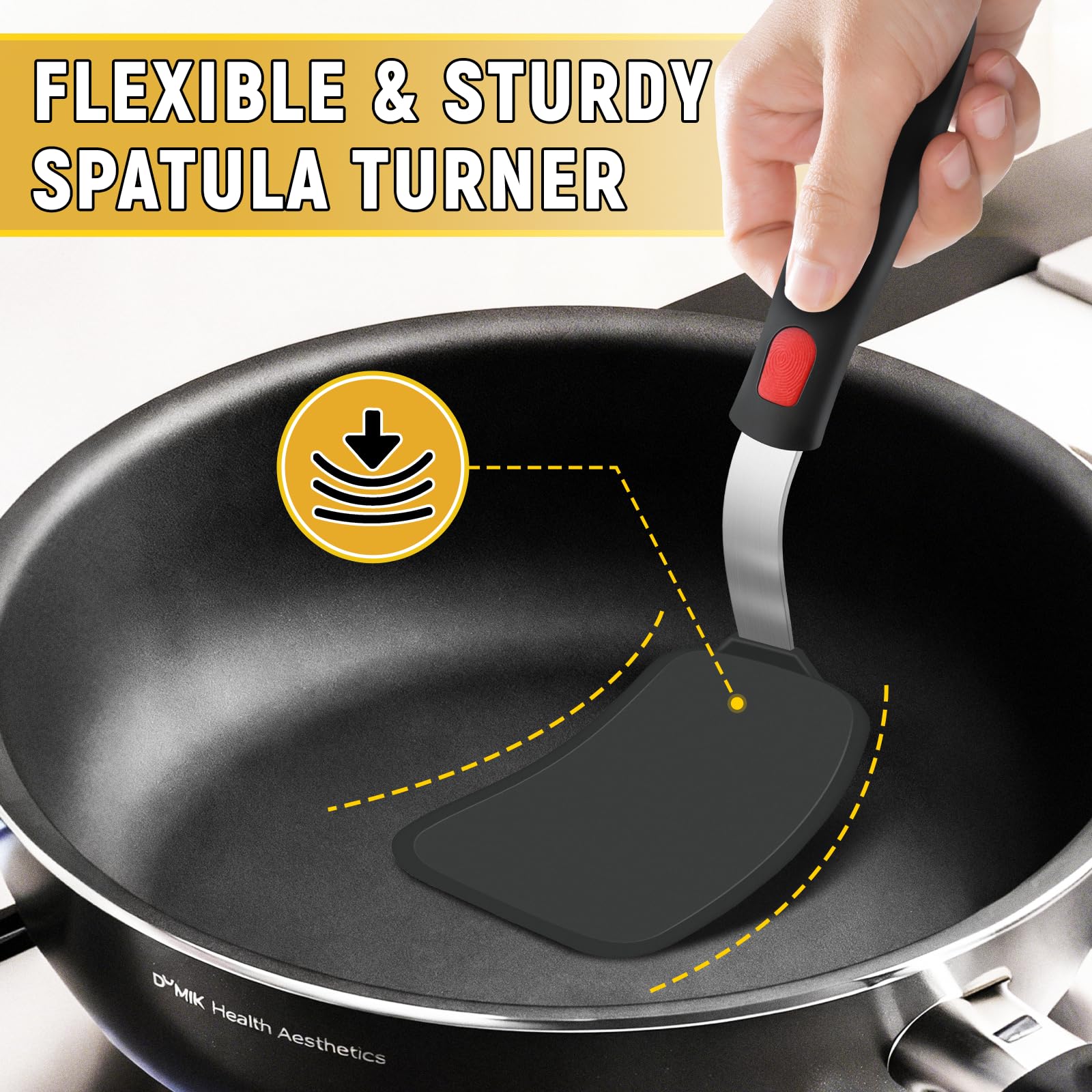 Eggs pancakes burgers turning with silicone spatula