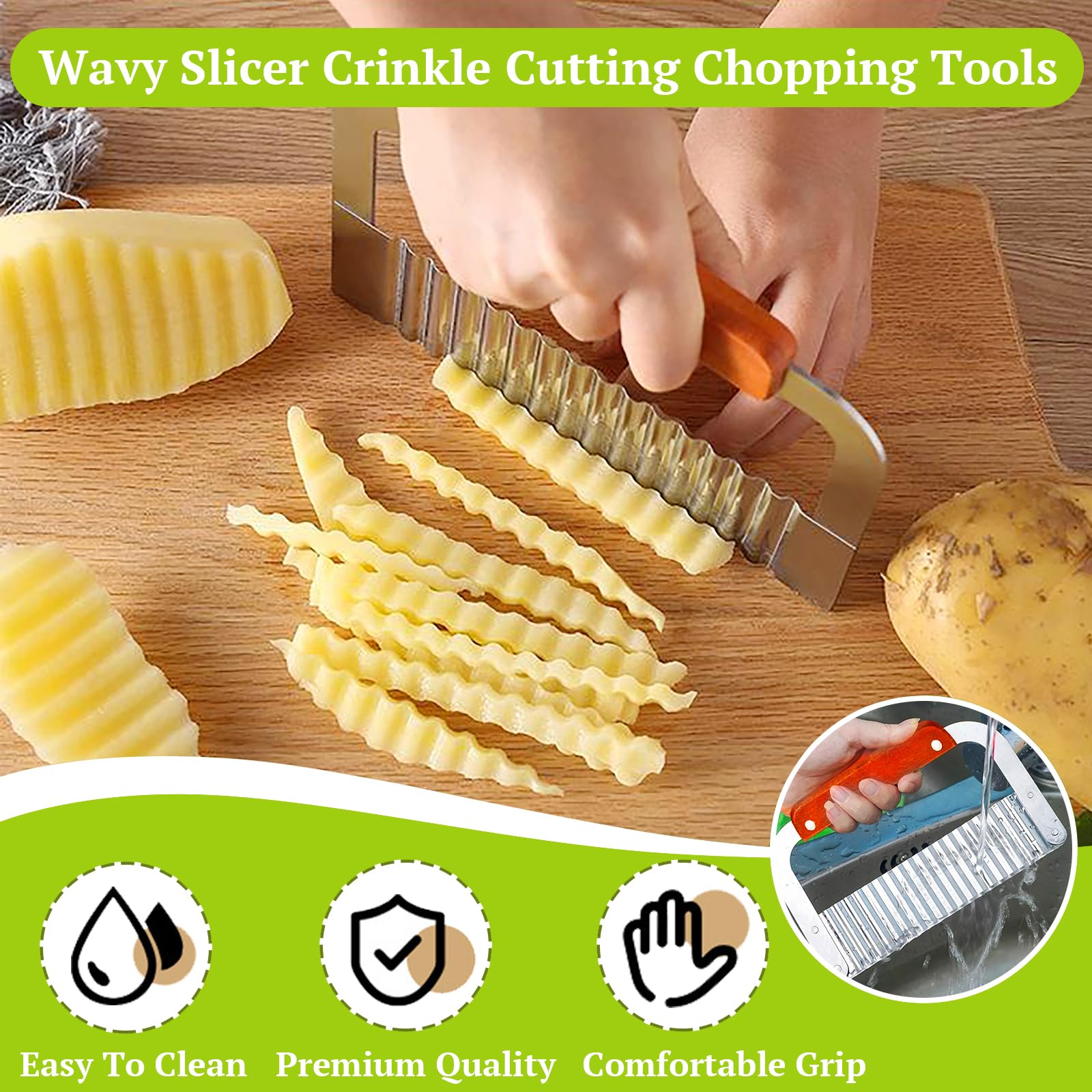 Crinkle cutter slicing potatoes into waves