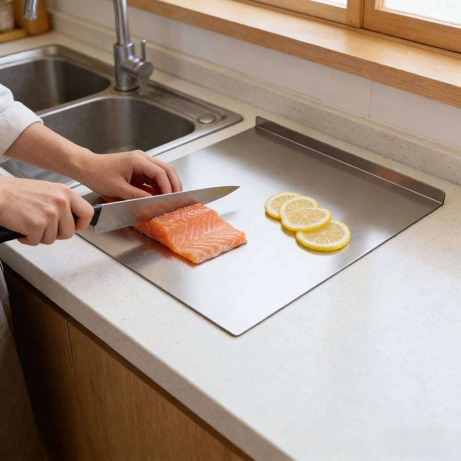 Large stainless steel cutting board 60 x 40 cm with non-slip pads