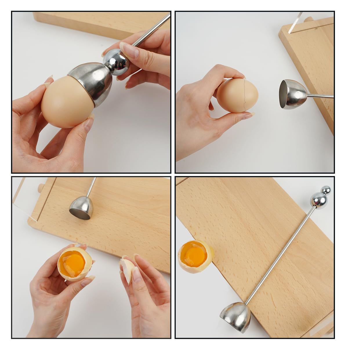 Stainless steel egg cracker tool close up