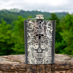 Stainless steel flask with sugar skull pattern and 8oz capacity