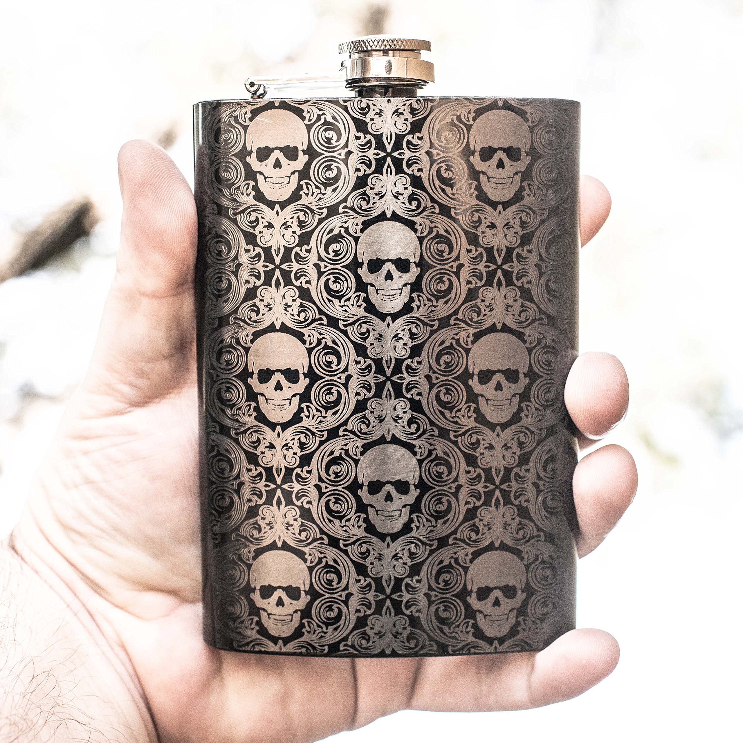 Sleek black baroque style flask for on the go