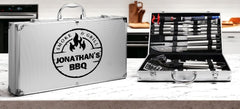 Stainless steel grill tools with thermometer and case