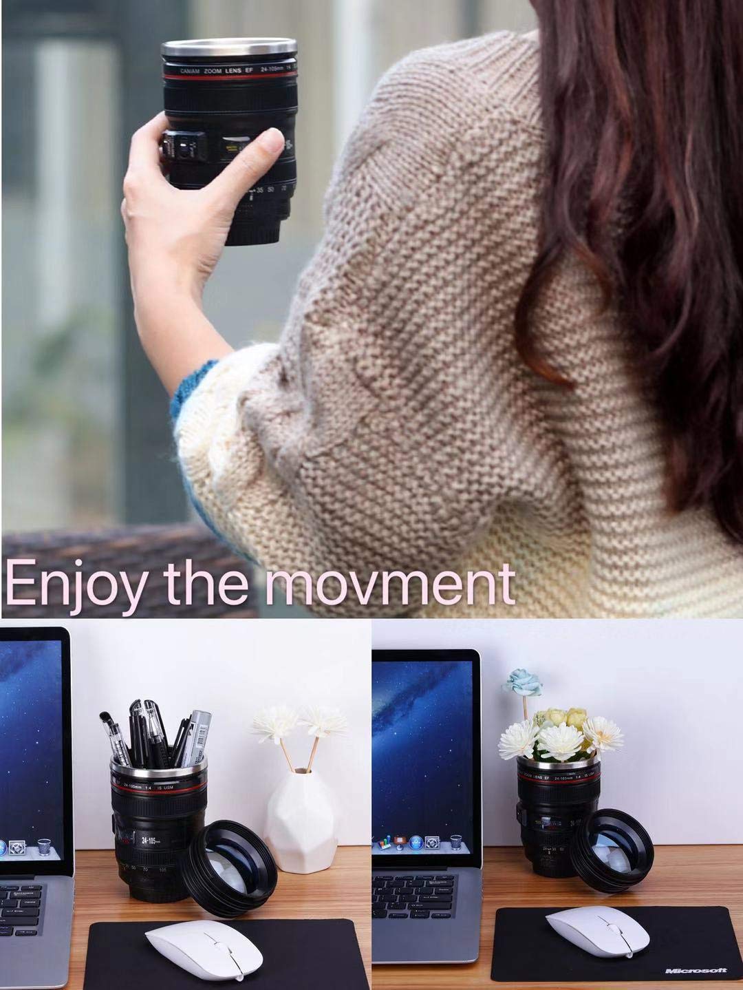 Vacuum insulated camera lens tumbler with lid