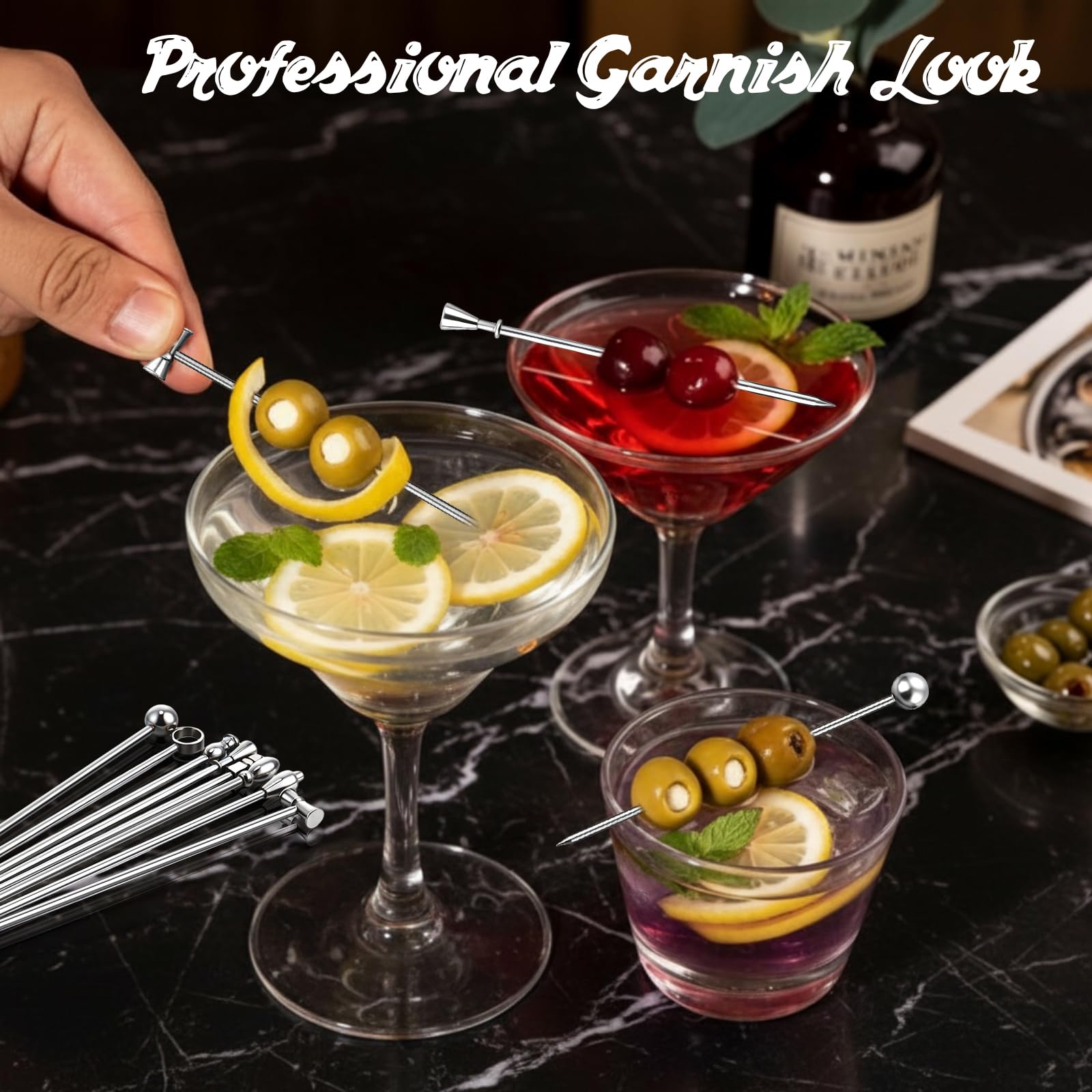 Stainless steel martini picks for olives and cocktails