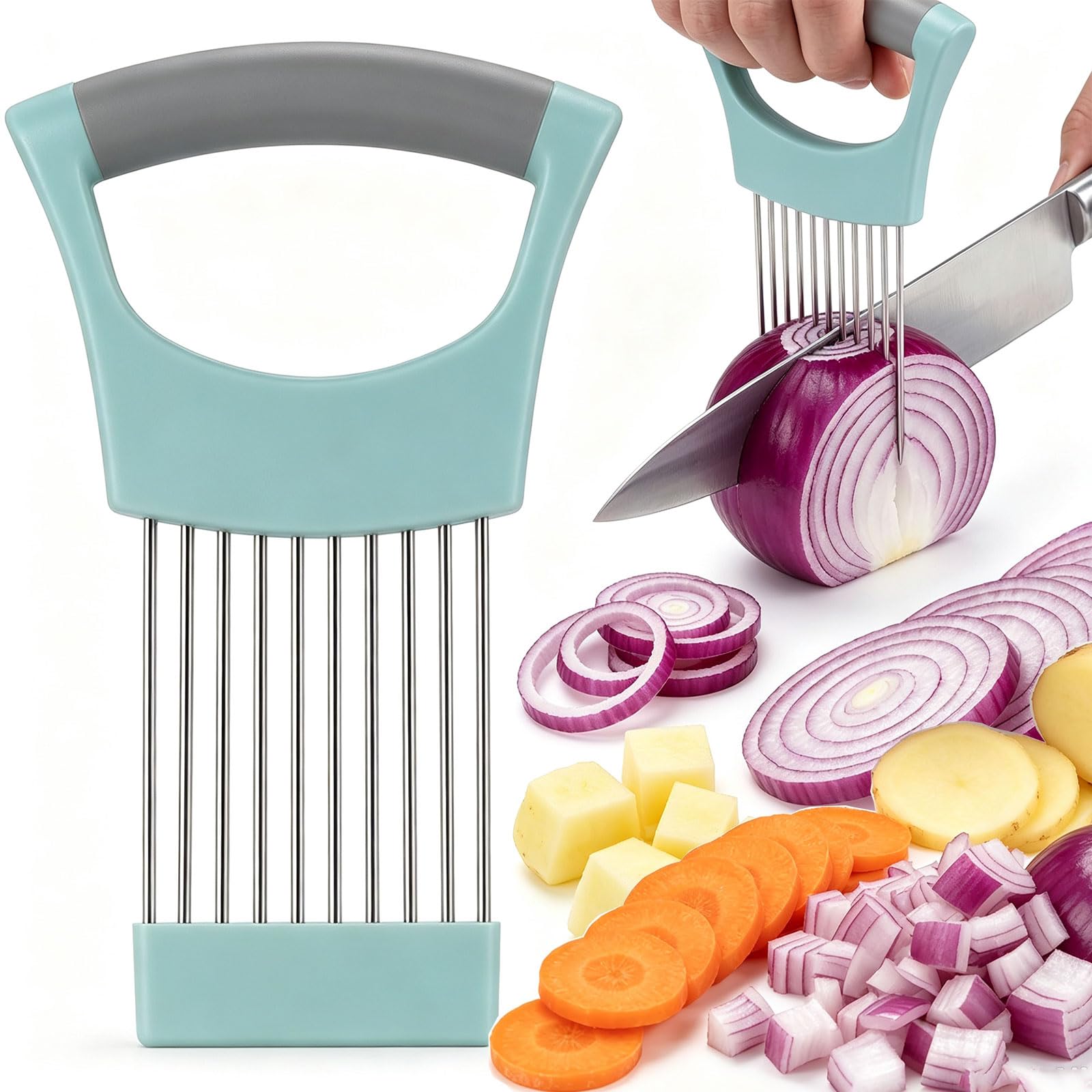 Stainless steel onion holder for slicing green with protective case