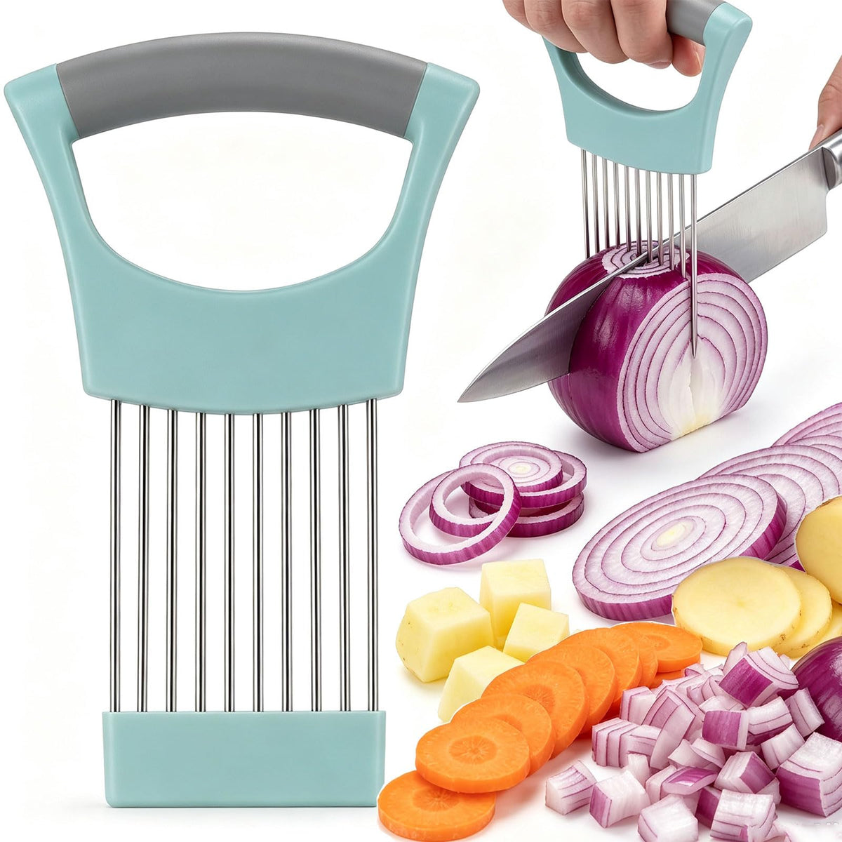 Stainless steel onion holder for slicing green with protective case
