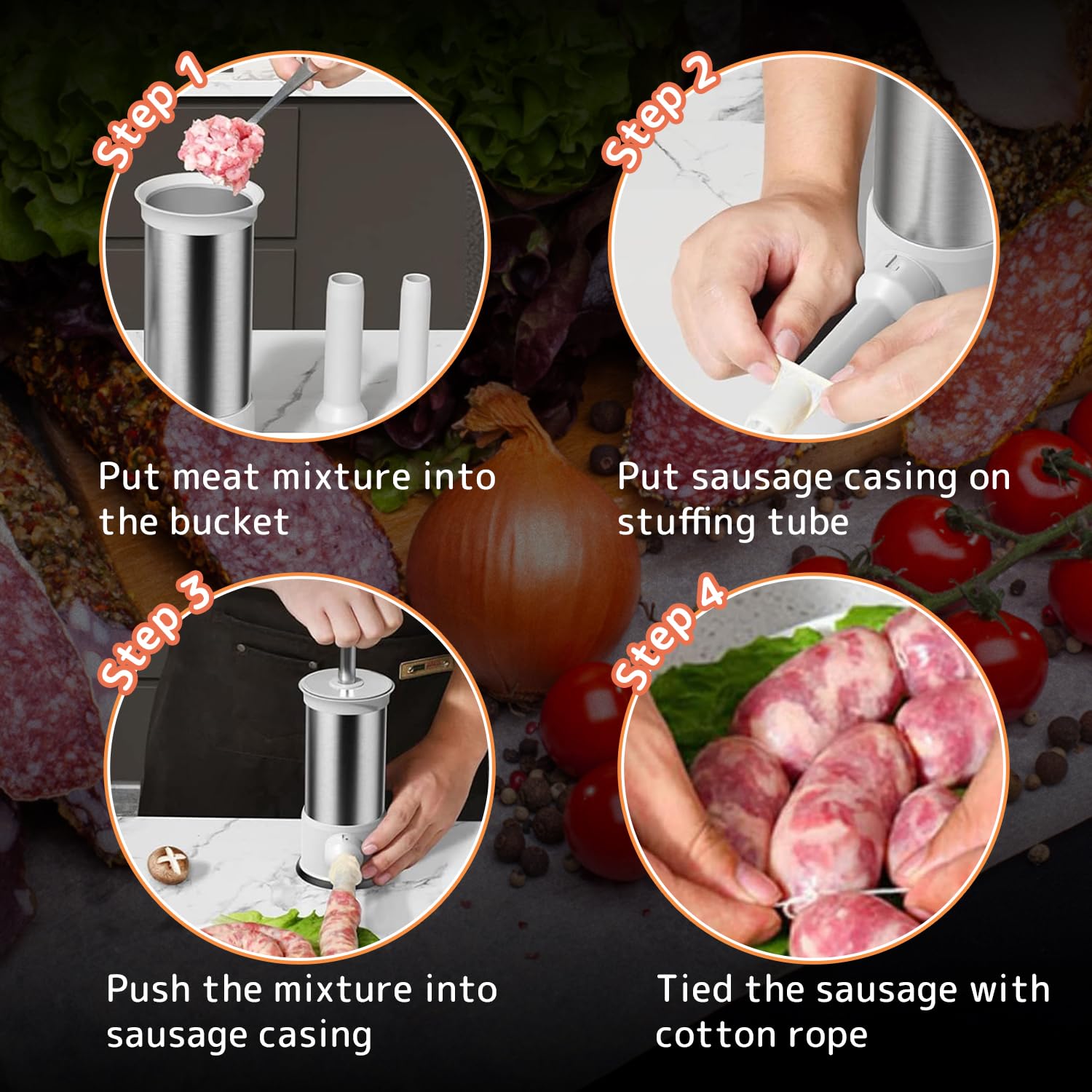 Vertical sausage maker tool kit for kitchen use