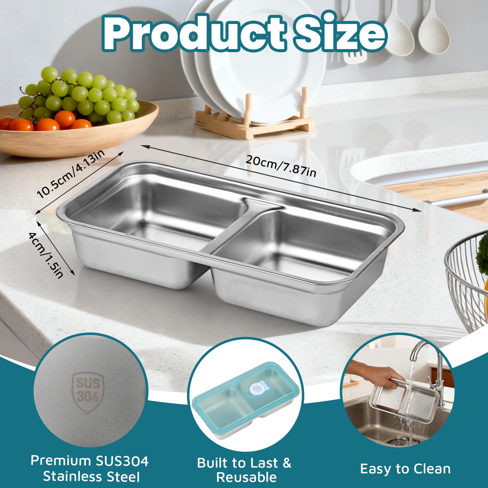 stainless steel snack container with leakproof lid 2-compartments