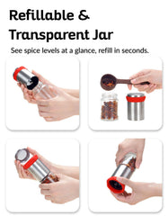 Wide-mouth refill design for easy loading of dried chilies peppercorns and spices