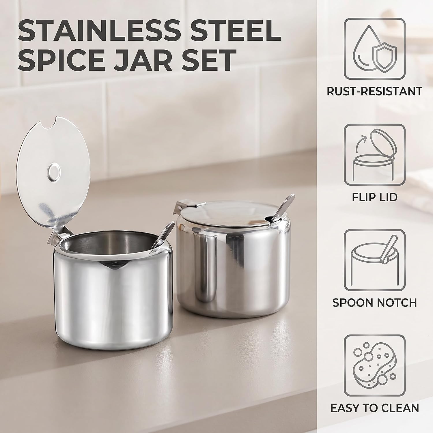 Stainless steel sugar bowls with matching spoons 2pc