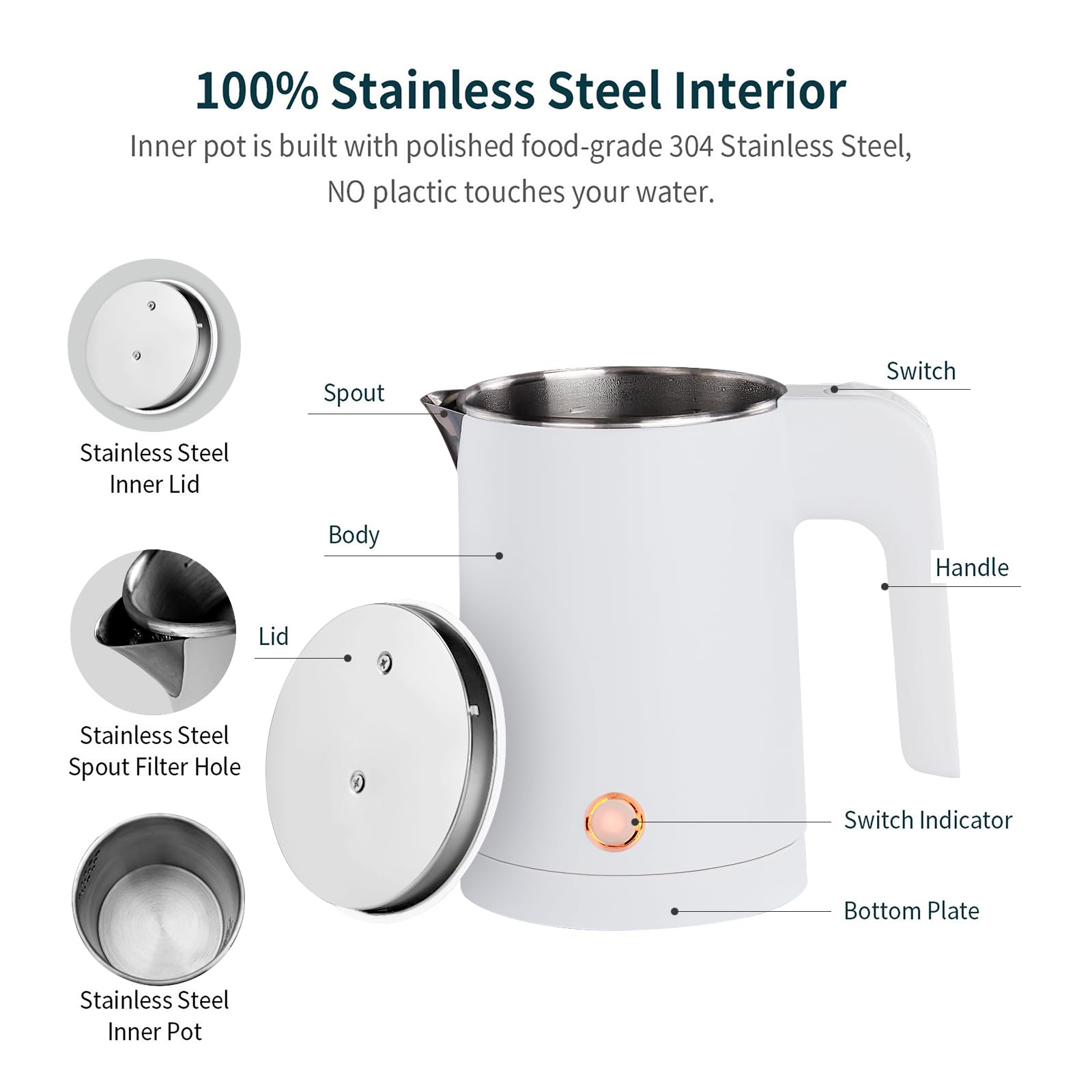 Easy cleaning design kettle with large opening 0.5L