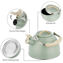 Induction compatible stainless steel tea kettle green with wood handle