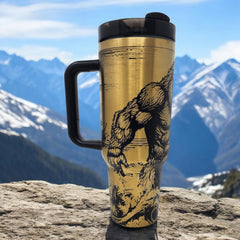 Close up of laser engraved Bigfoot on stainless steel tumbler