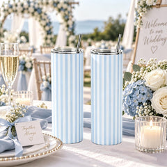 Blue and white striped tumbler with spill-proof lid