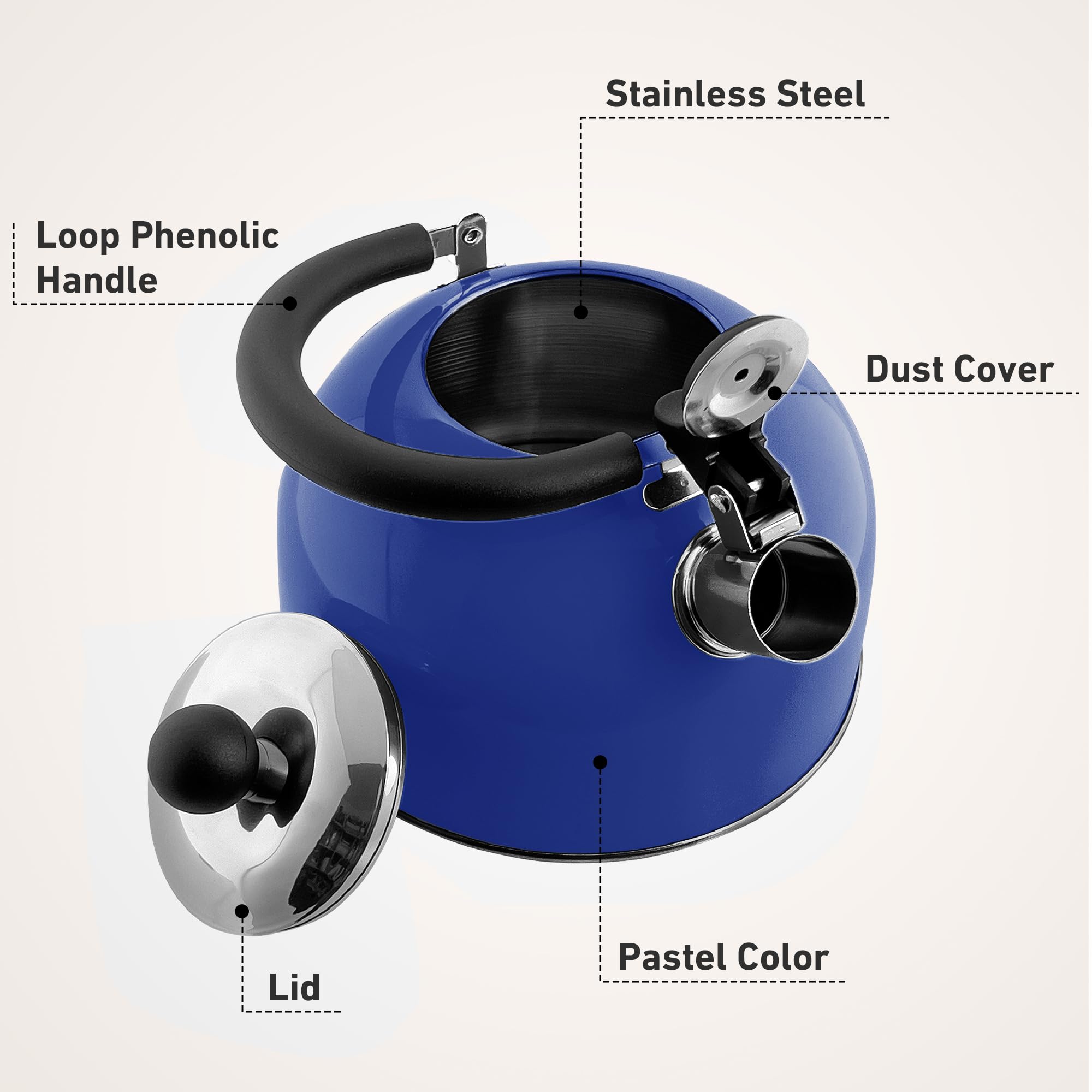 Stainless steel kettle designed for gas and electric cooktops blue finish