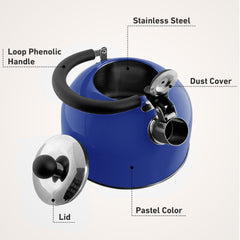 Stainless steel kettle designed for gas and electric cooktops blue finish