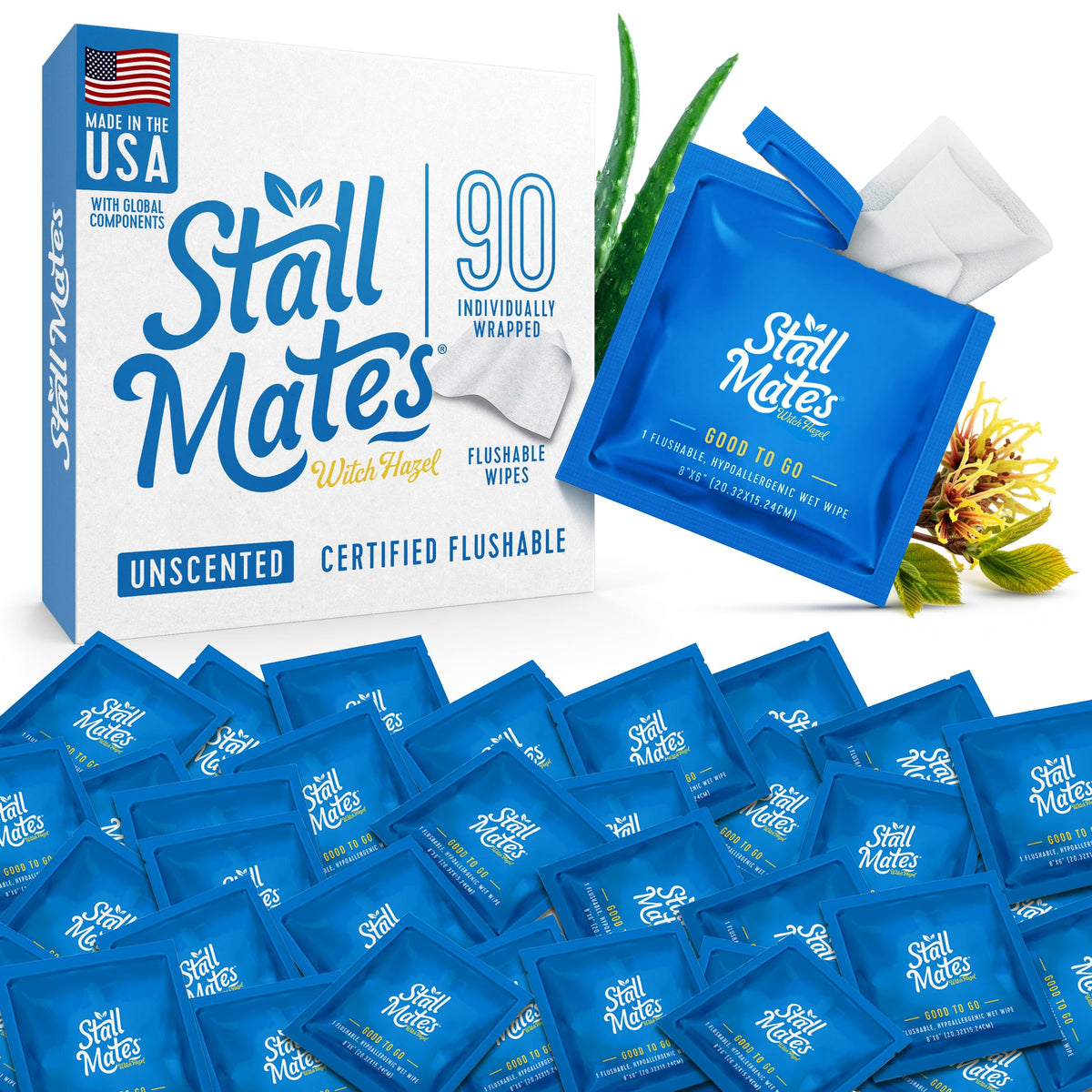 Stall Mates Witch Hazel flushable wipes 90 count package