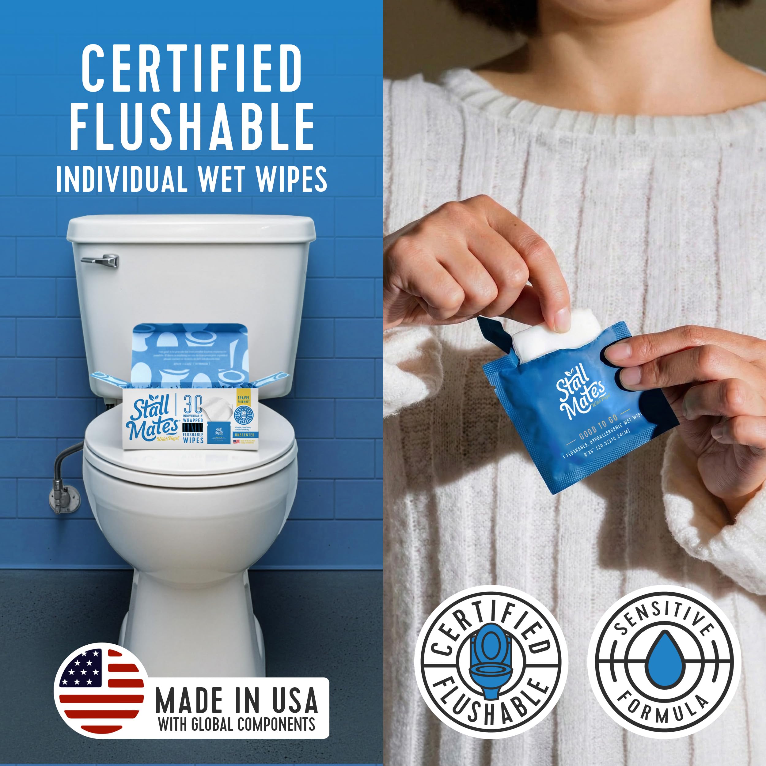 Unscented flushable wipes Stall Mates brand with Witch Hazel