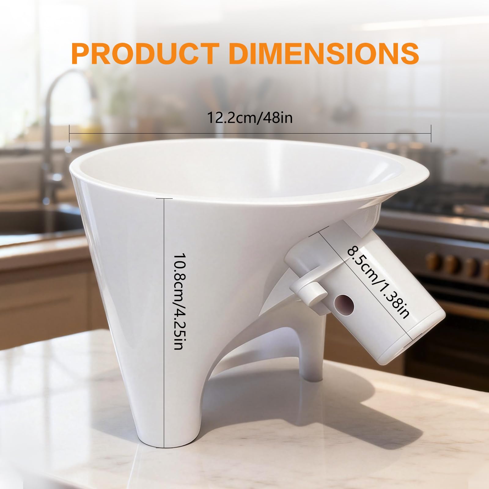 White flour funnel for adding dry ingredients to mixer bowl