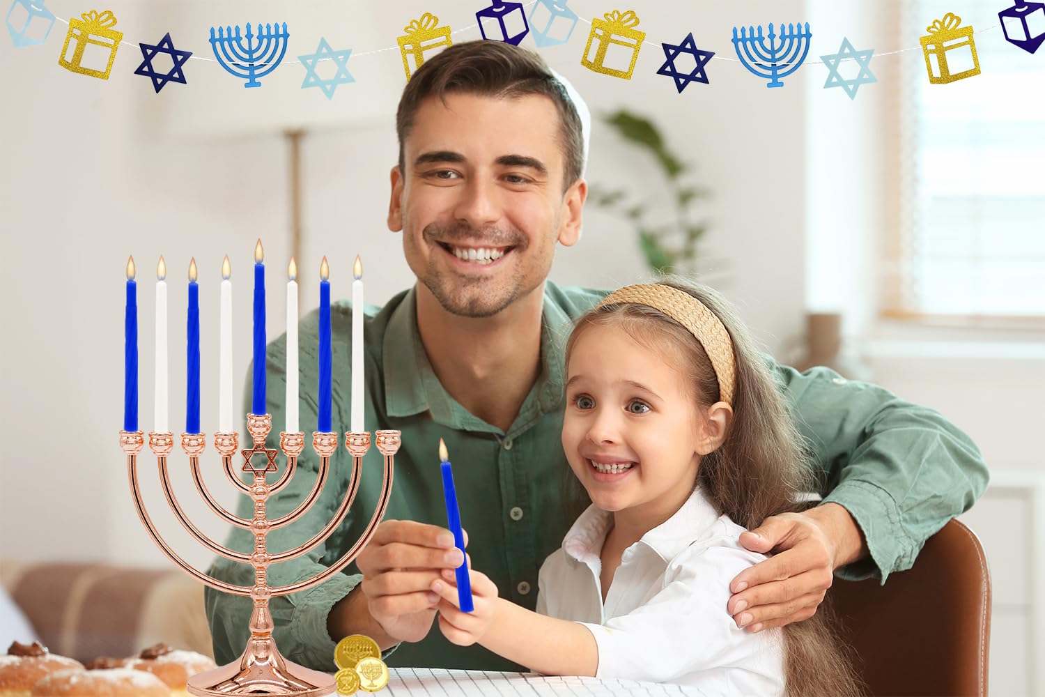 Blue and white Chanukah candles with minimal wax drips