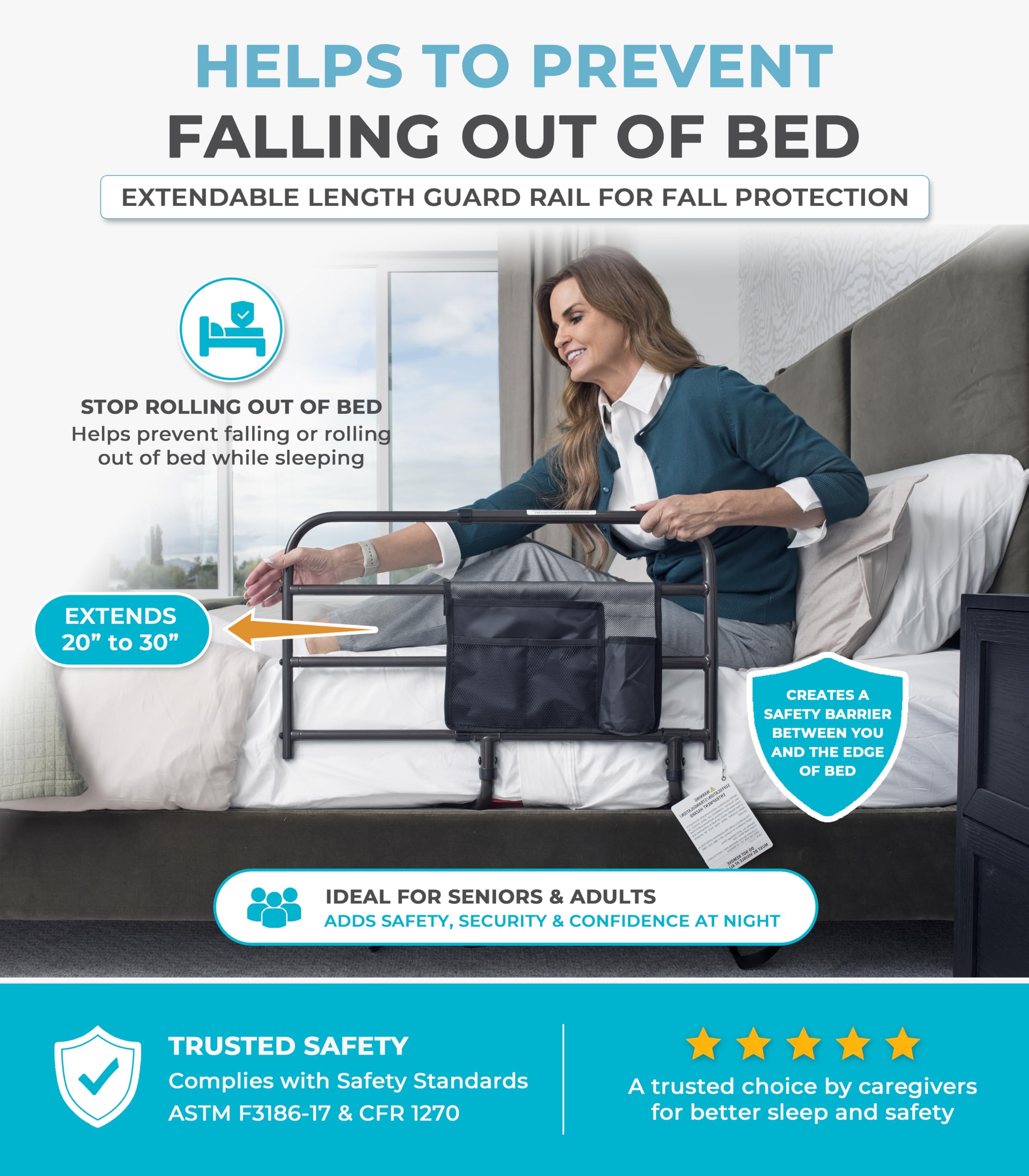 Bed rail guard extends 20 to 30 inches for safe transfers