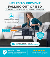 Bed rail guard extends 20 to 30 inches for safe transfers