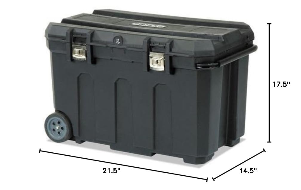 Stanley 037025H 50-gallon mobile tool chest lid with two 2x4 saw grooves and nickel-plated metal latches