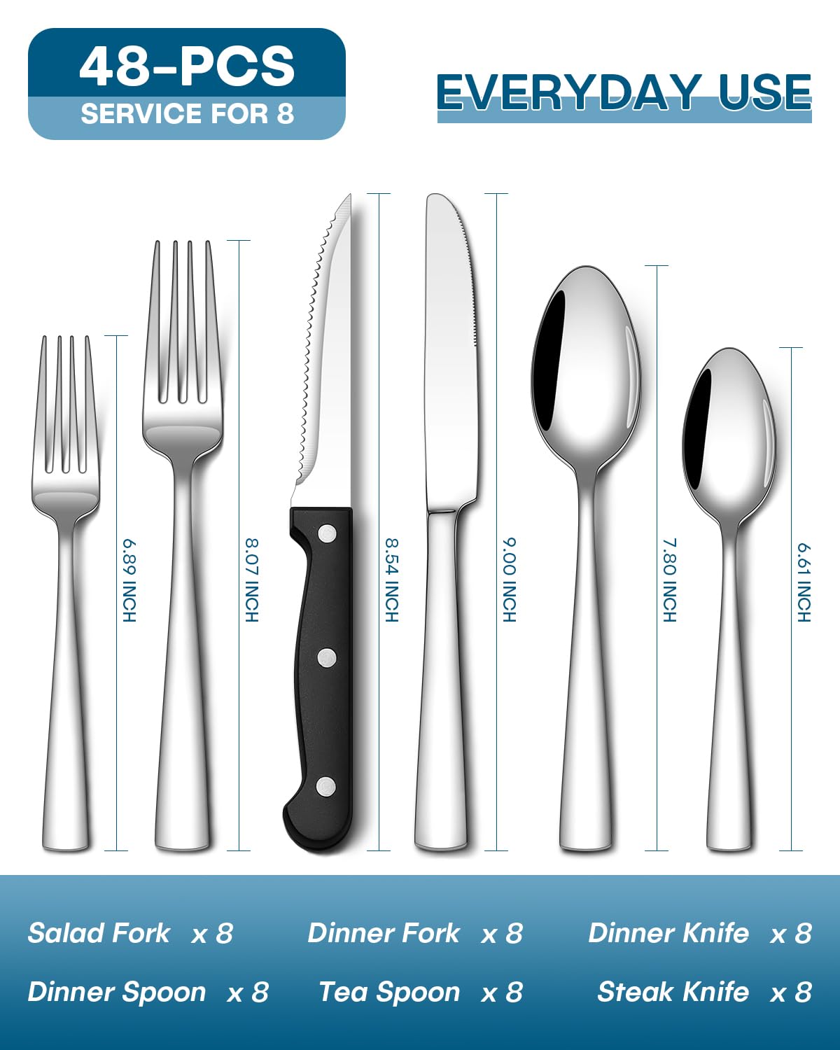 Stainless steel flatware for 8 in mirror finish