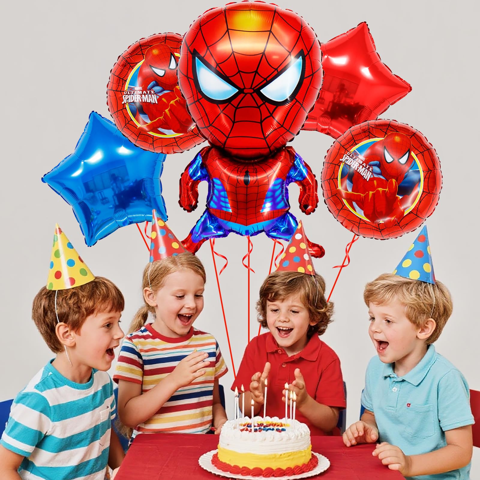 Star shaped balloons included in Spider Hero party set