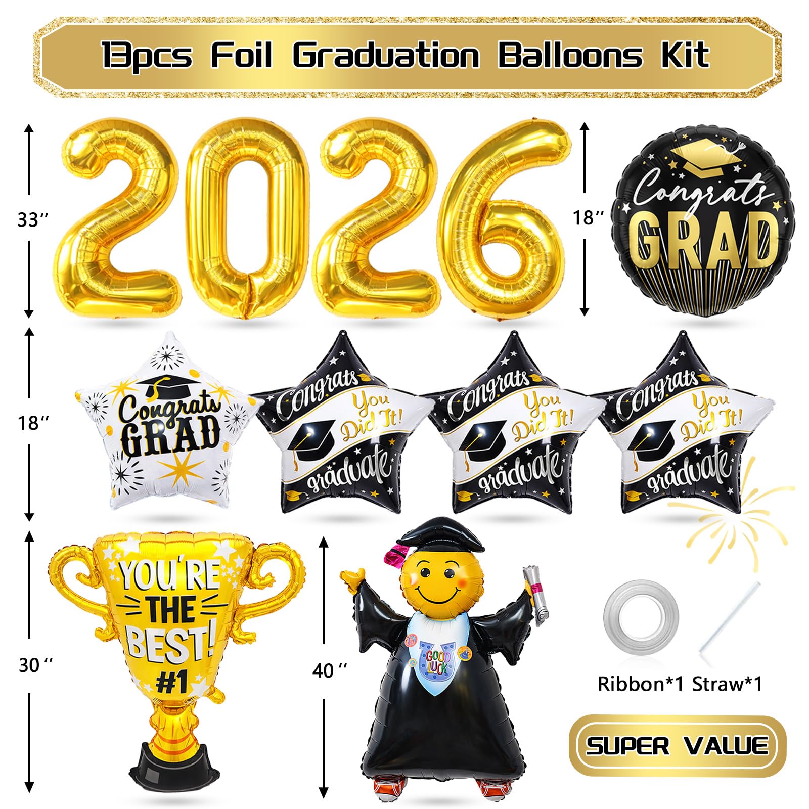 18 inch black gold star graduation balloons