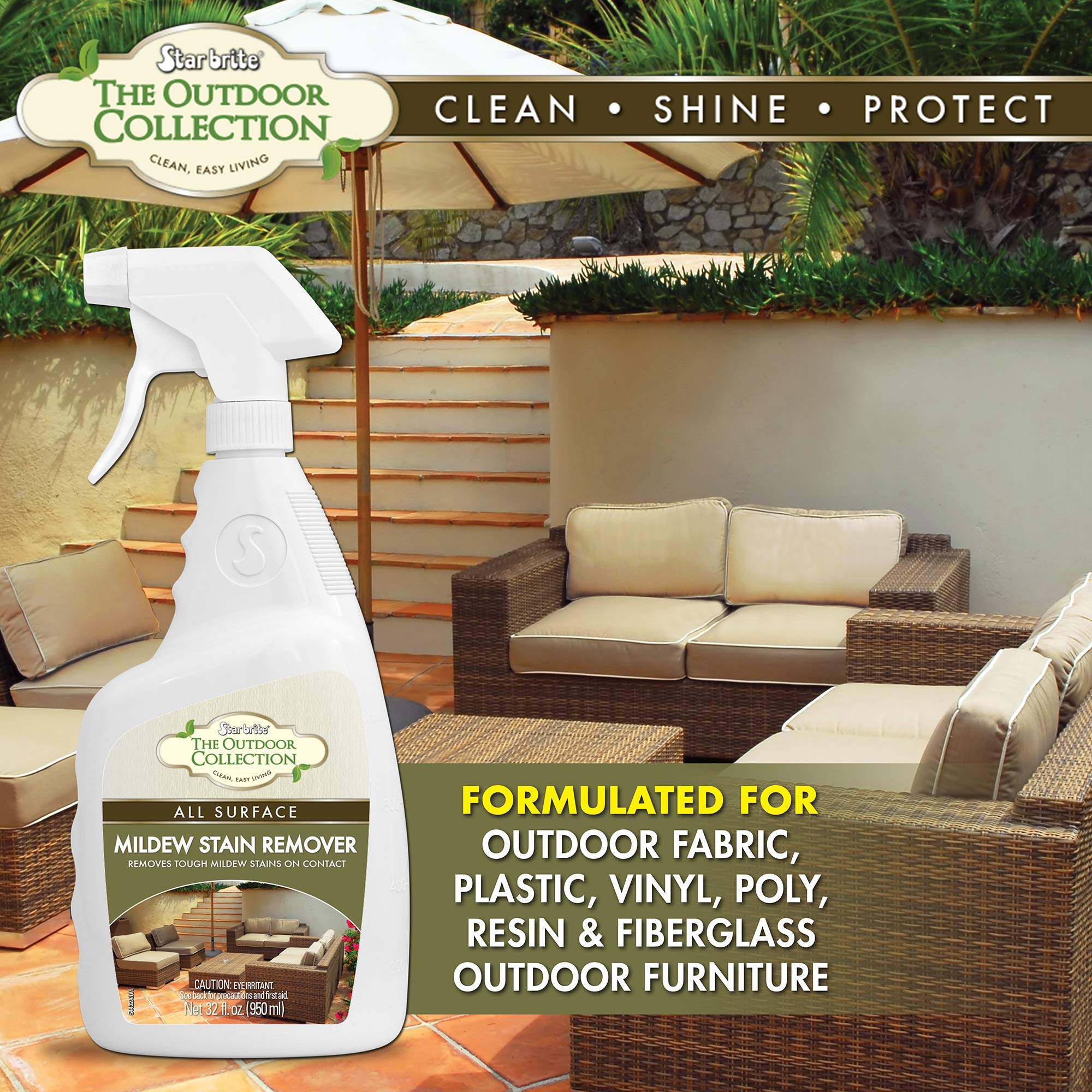 Mildew stain remover on outdoor fabrics and vinyl surfaces