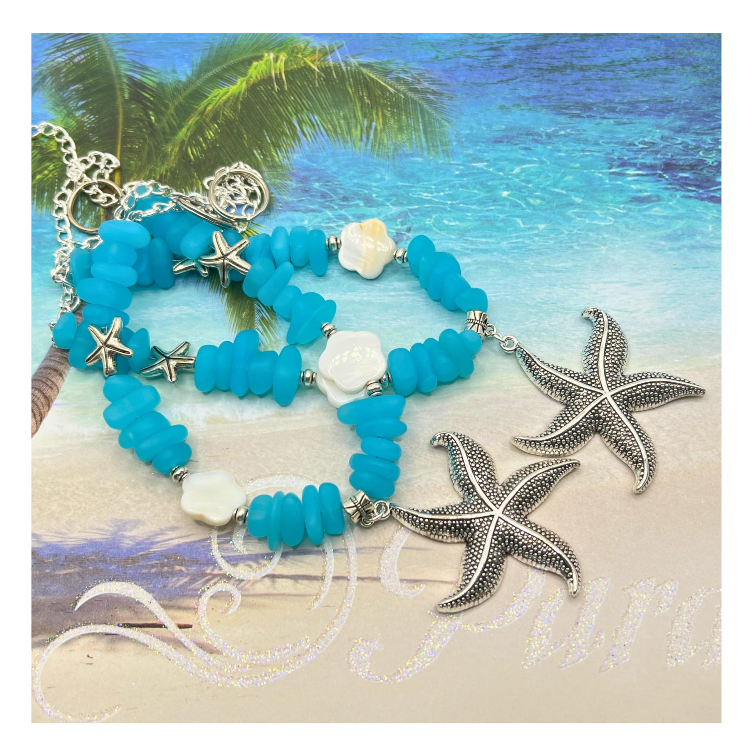 Pair of starfish and shell bead curtain tiebacks in seaside style
