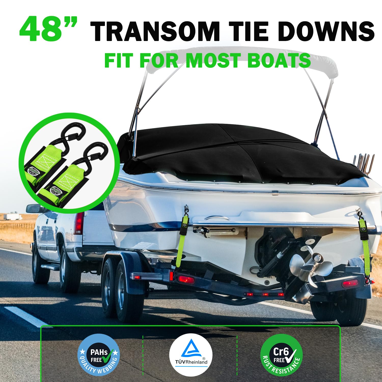 2-inch ratchet buckle and S hooks on transom tie down
