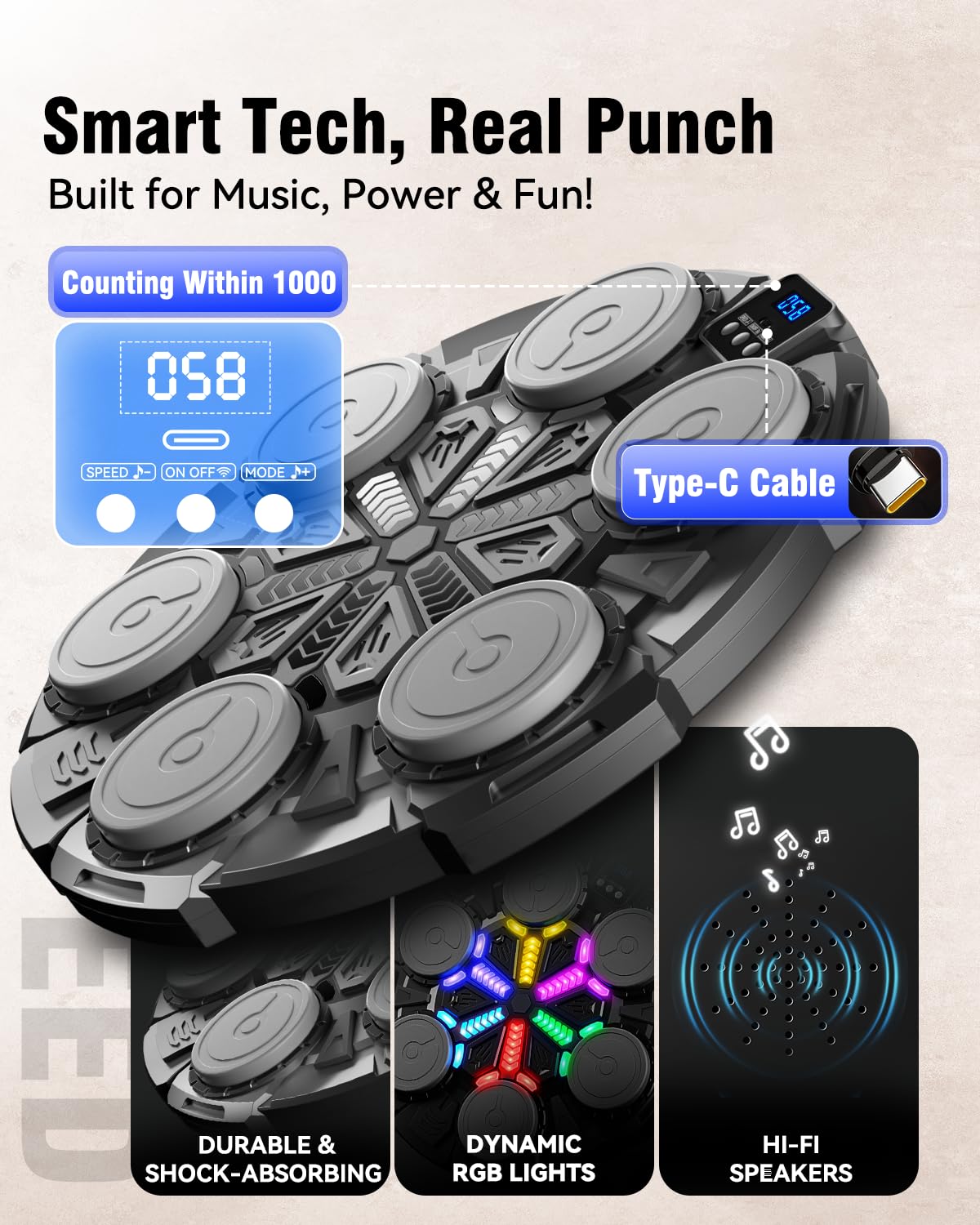 Bluetooth connected punch pad with LED beat feedback