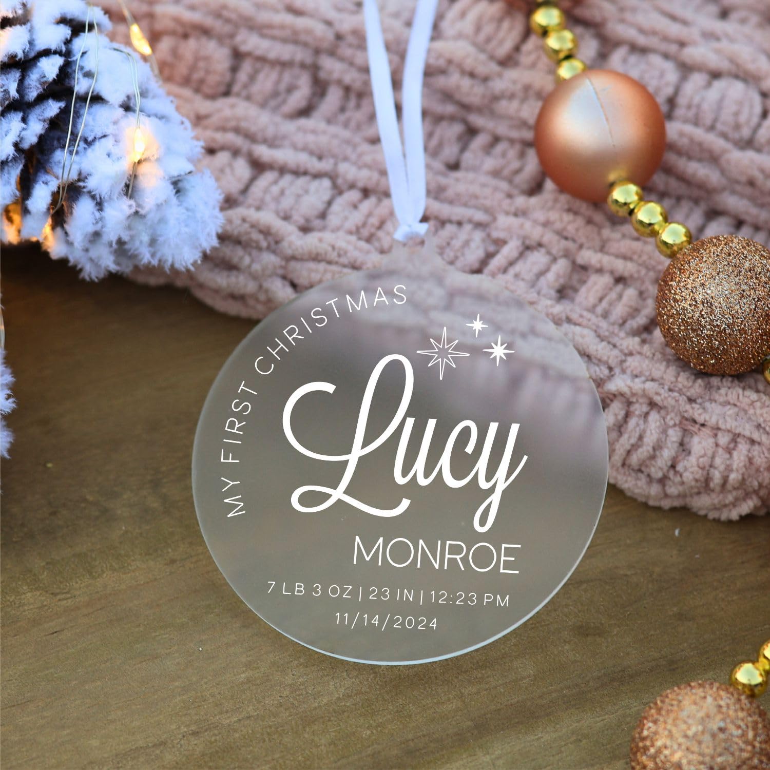 Frosted Acrylic White Text baby ornament option
