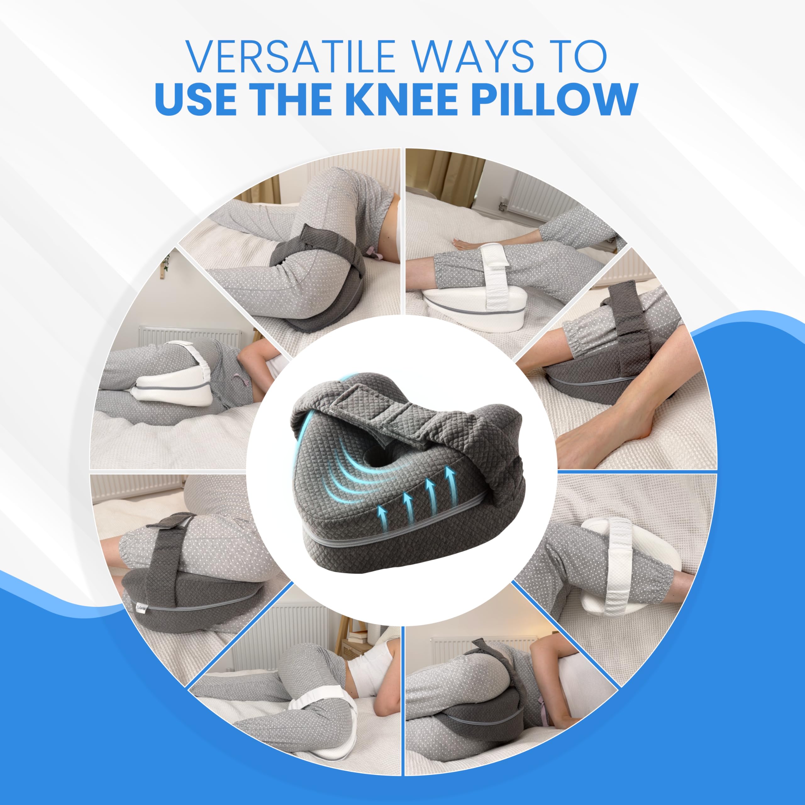Knee pillow showcasing adjustable stay-on strap