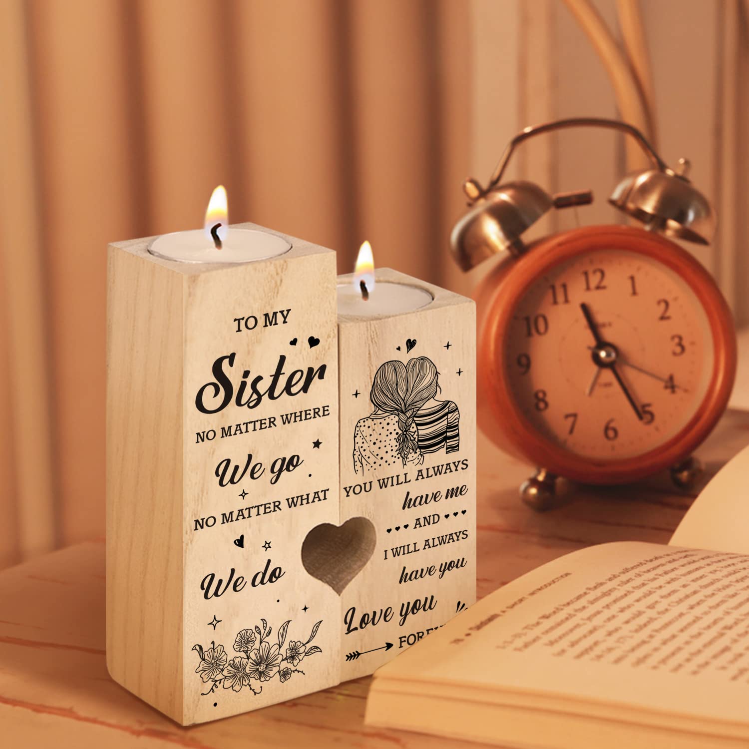 Heart shaped candle holder as a sister gift setup
