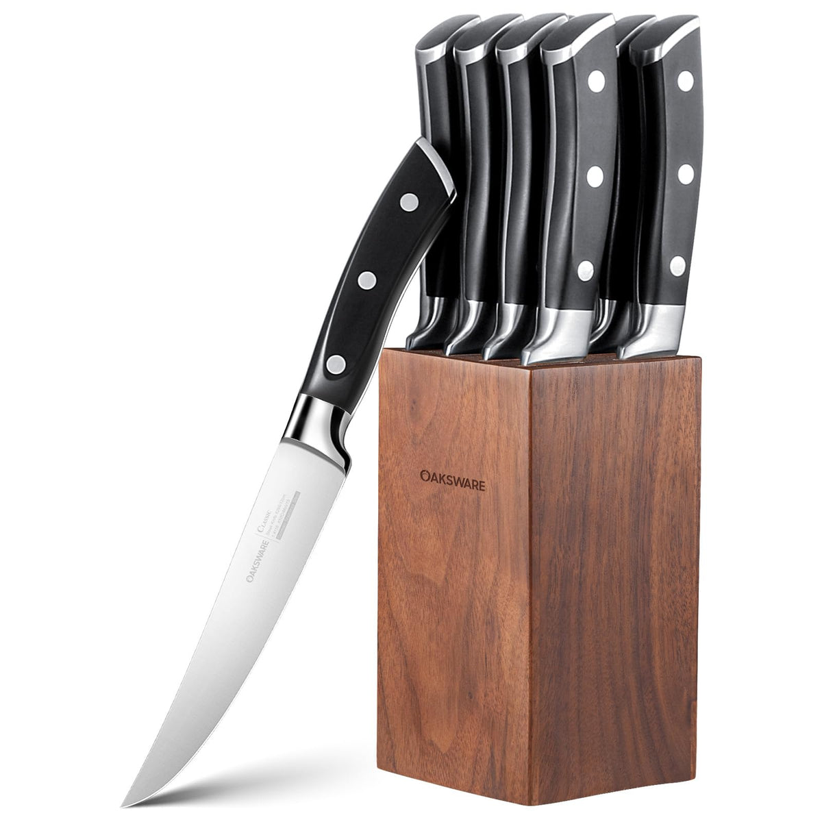 Steak Knives Set of 8 with walnut block on display